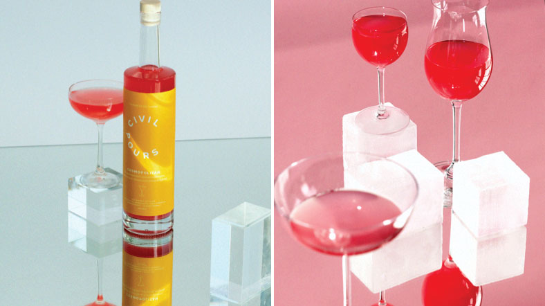 Bottle of Civil Pours Cosmopolitan and filled glasses