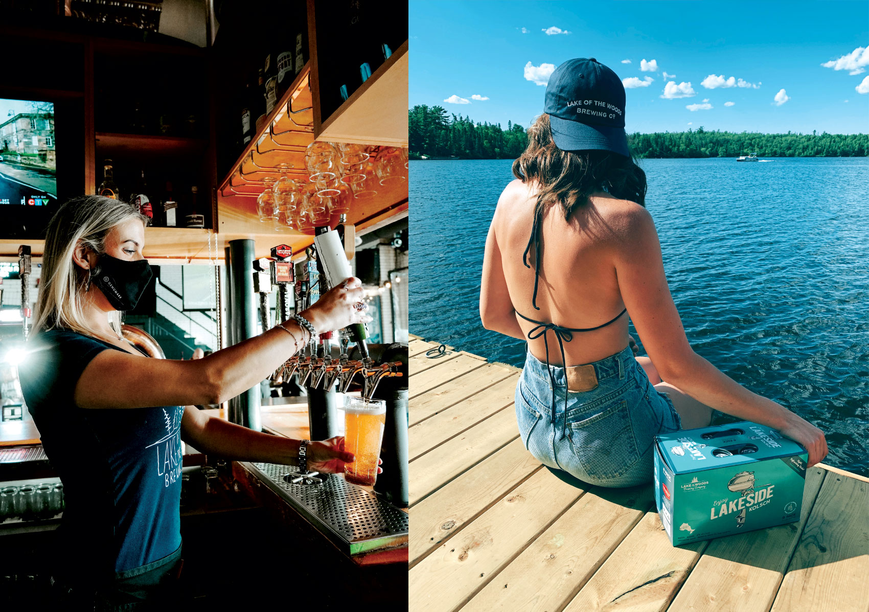 Woman pouring beer in glass and woman sitting on dock.