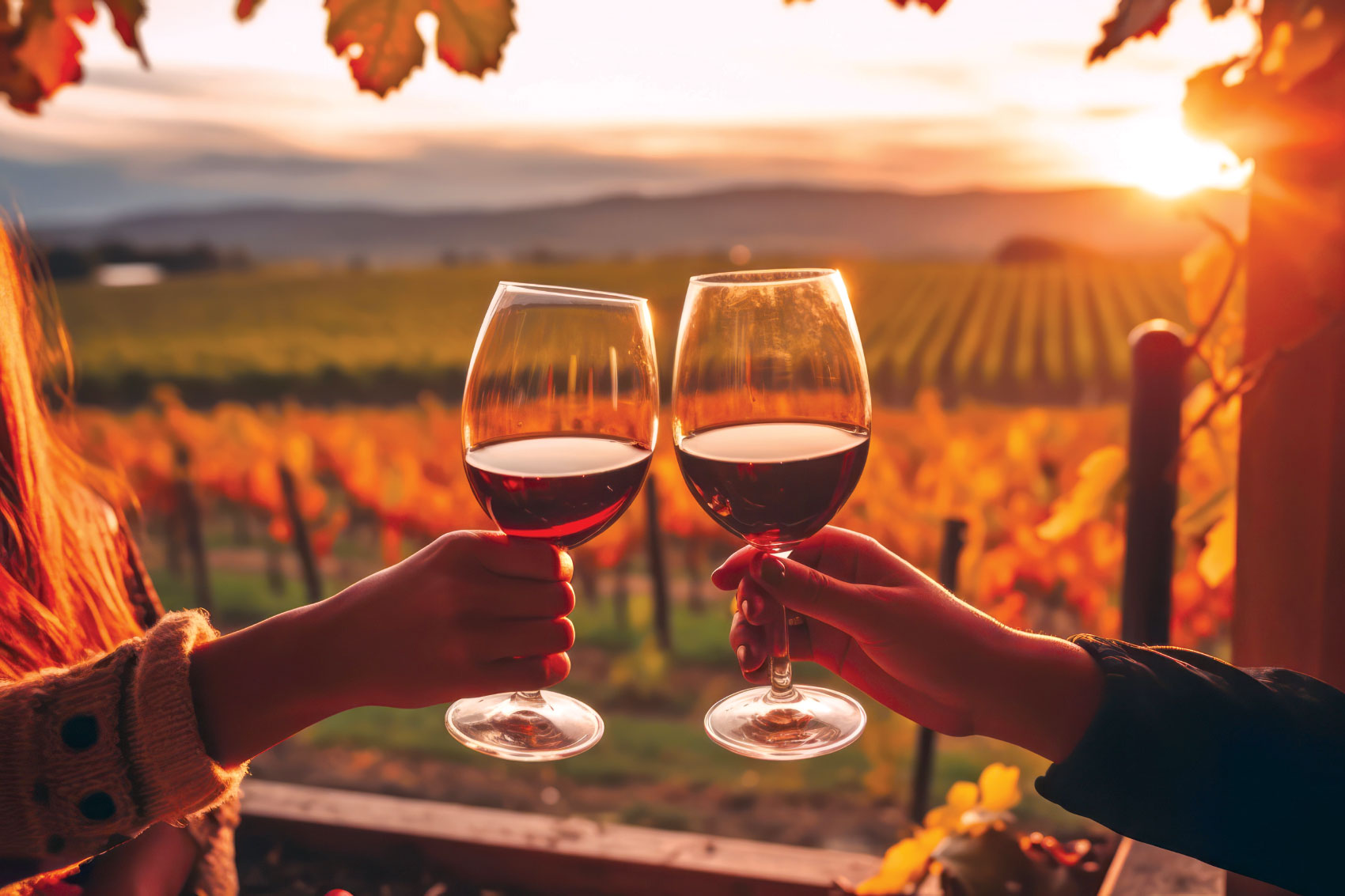 A toast of red wine with sun setting over vineyard in background