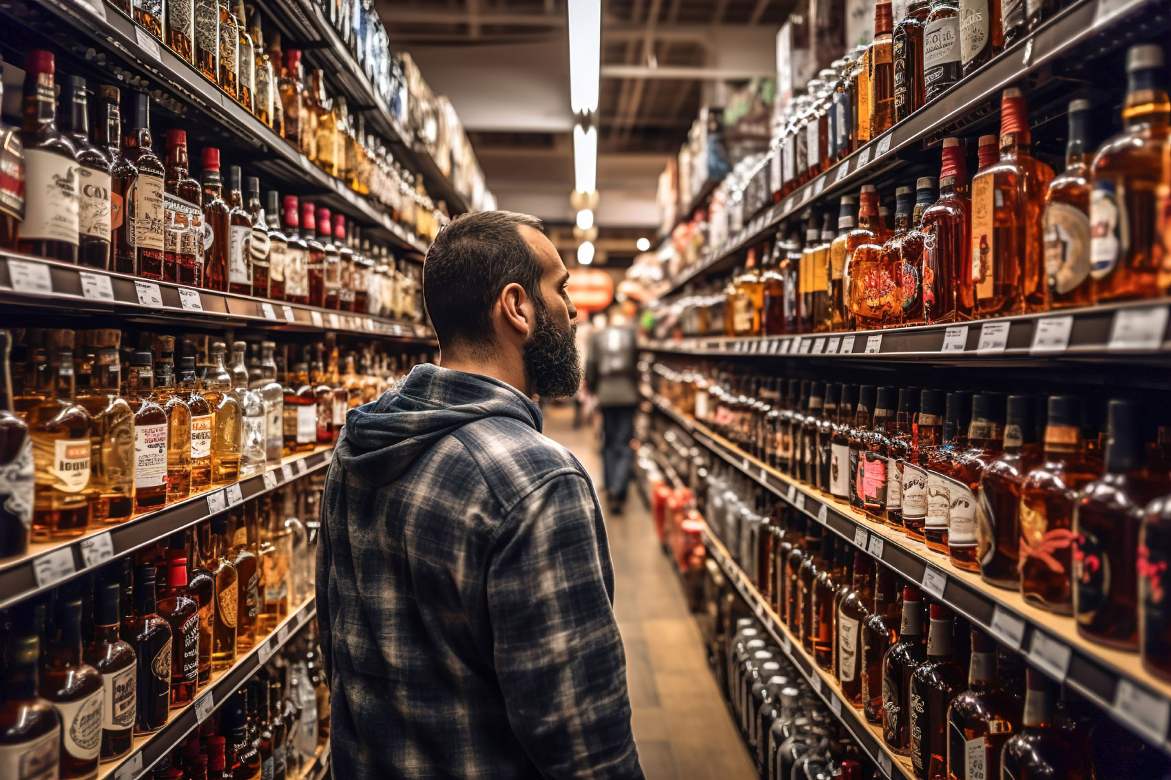 Man looking down aisle filled with liquor bottles on shelves