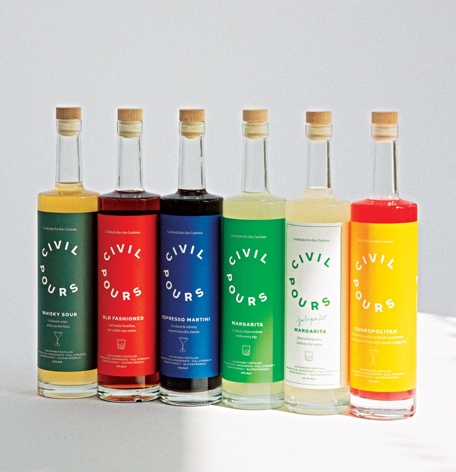 Lineup of various Civil Pour bottles