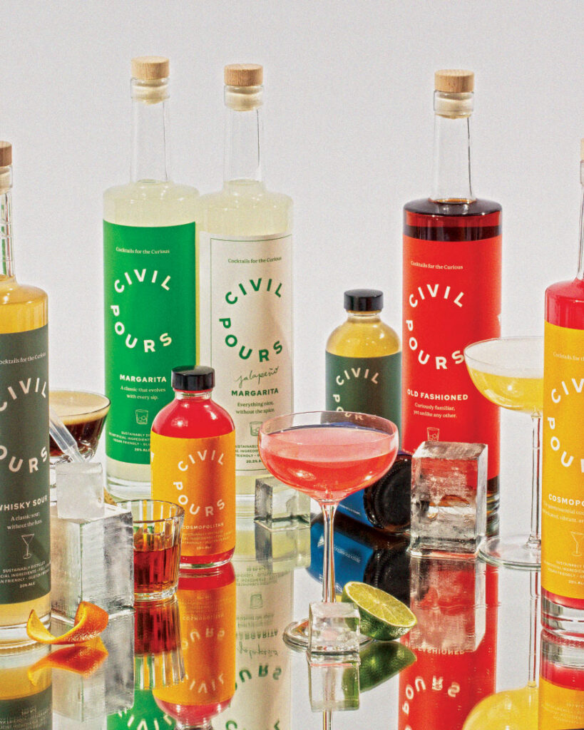 Various containers and glasses of Civil Pour cocktails