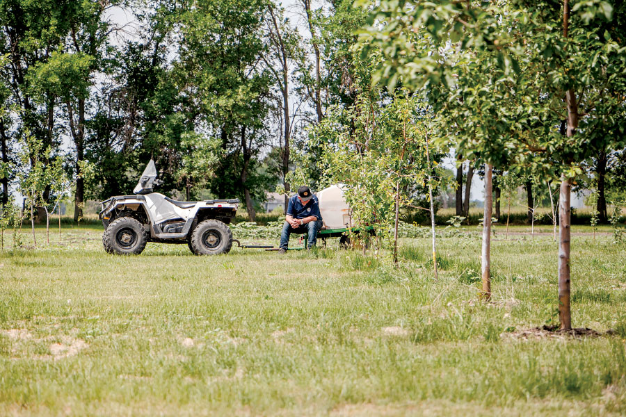 Man sitting on trailer in orchard