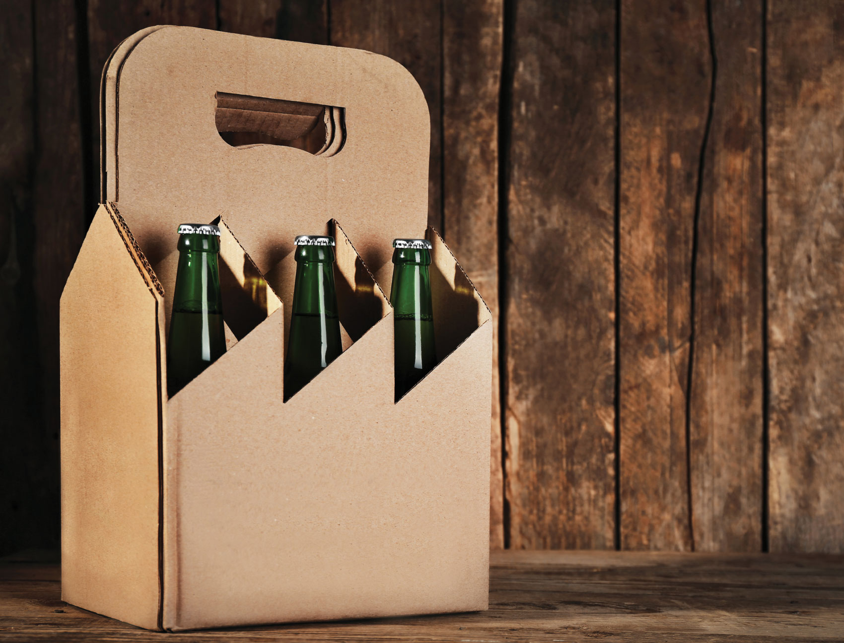 6-pack of beer against wood-slated wall